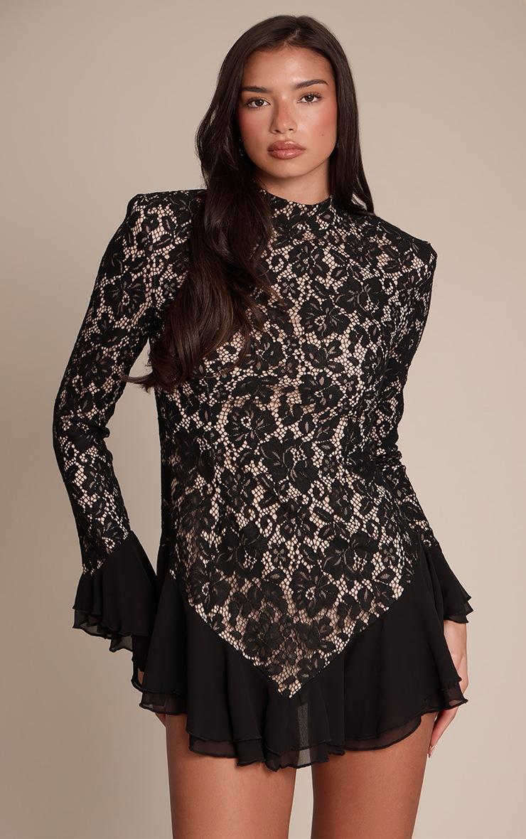Pretty Little Thing Black Lace High Neck Frill Detail Mini Dress