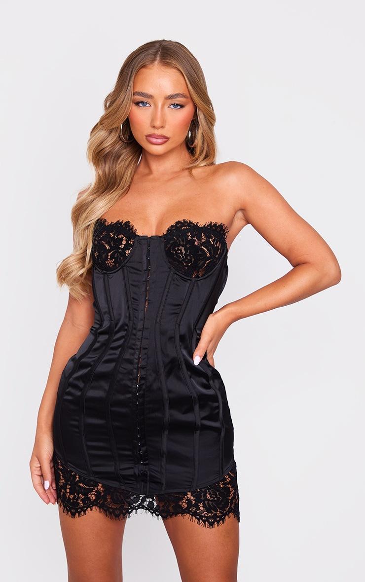 Pretty Little Thing Black Lace Trim Satin Hook & Eye Detail Bandeau Bodycon Dress