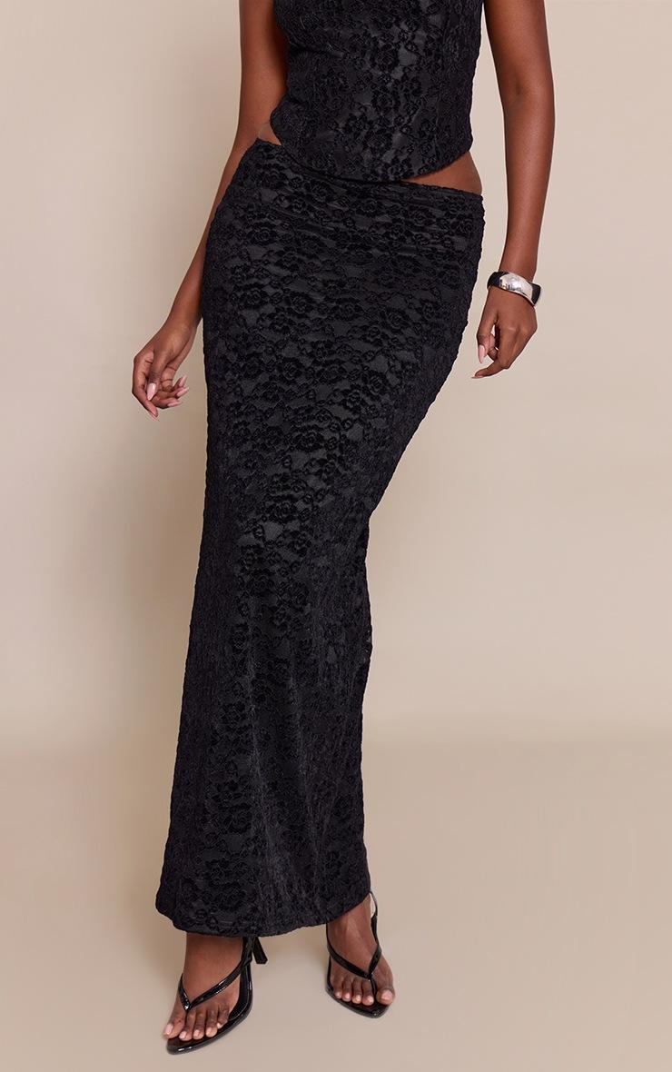 Pretty Little Thing Black Lace Velvet Maxi Skirt Mid Rise