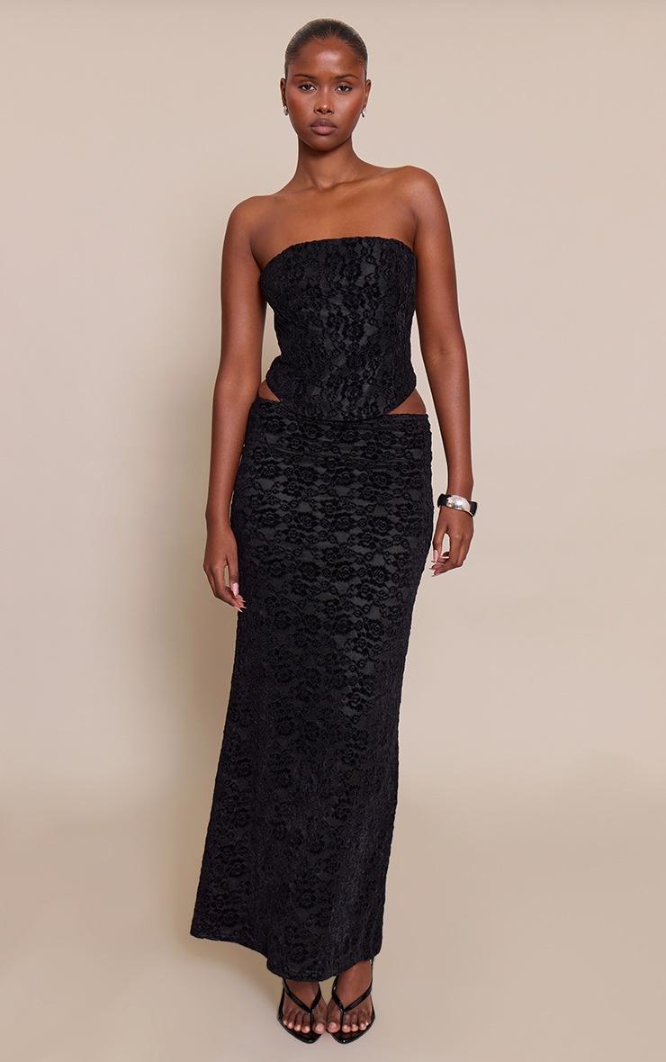 Pretty Little Thing Black Lace Velvet Maxi Skirt Mid Rise