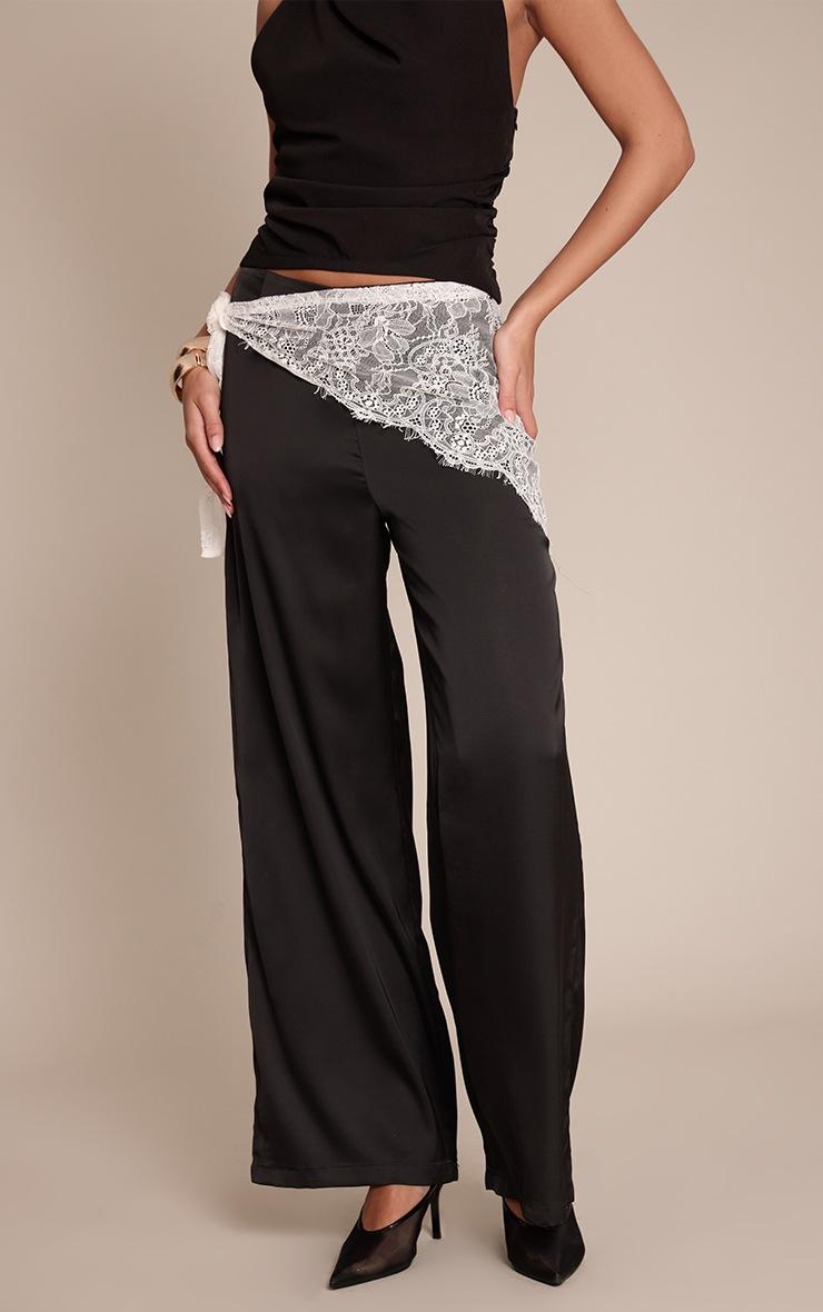 Pretty Little Thing Black Lace Wrap Detail Satin Wide Leg Pants