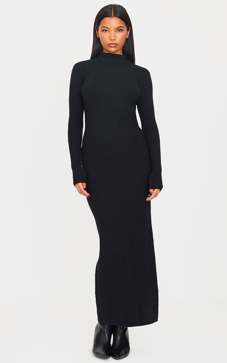 Pretty Little Thing Black Light Rib Knit Long Sleeve Maxi Dress