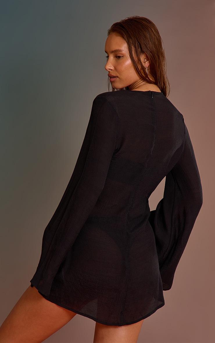 Pretty Little Thing Black Linen Look O-ring Flute Sleeve Beach Dress