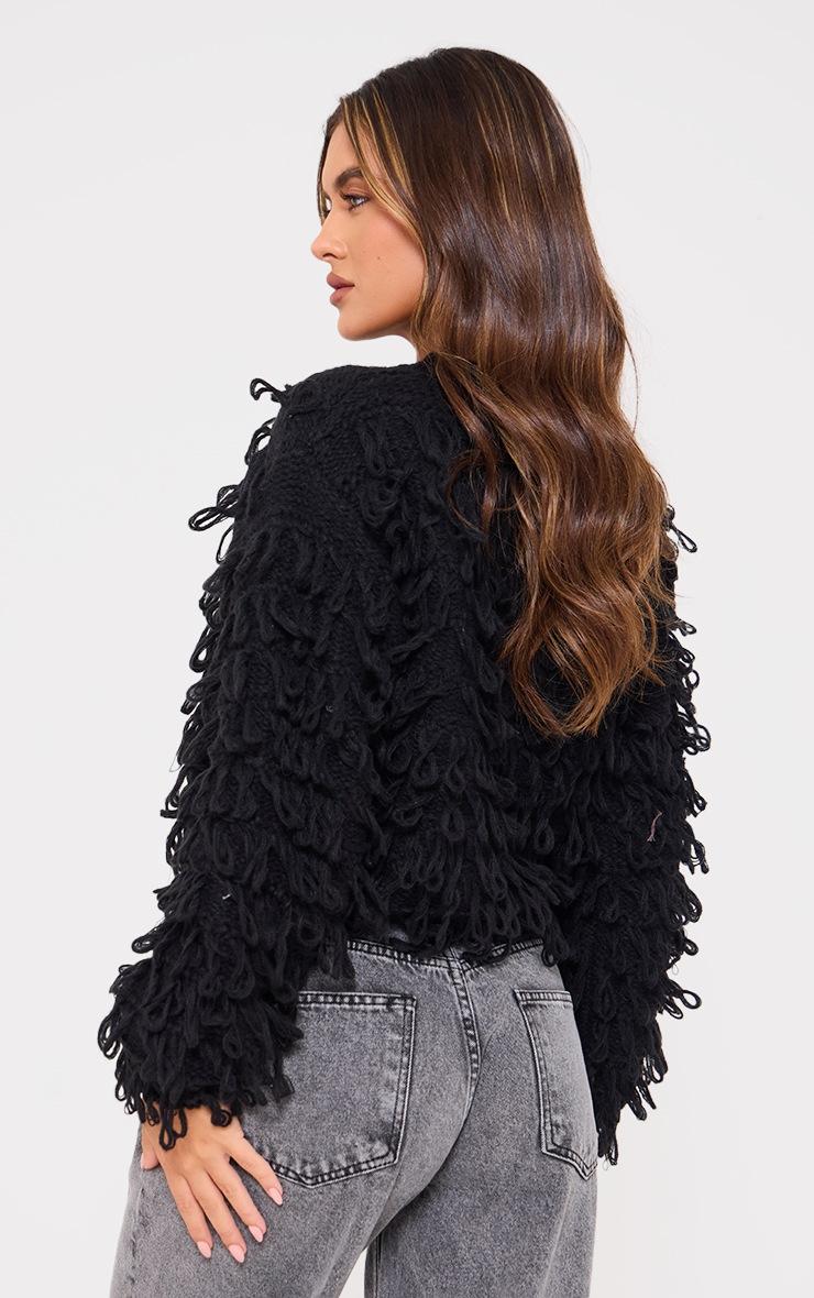 Pretty Little Thing Black Loop Knit Crew Neck Button Up Cardigan