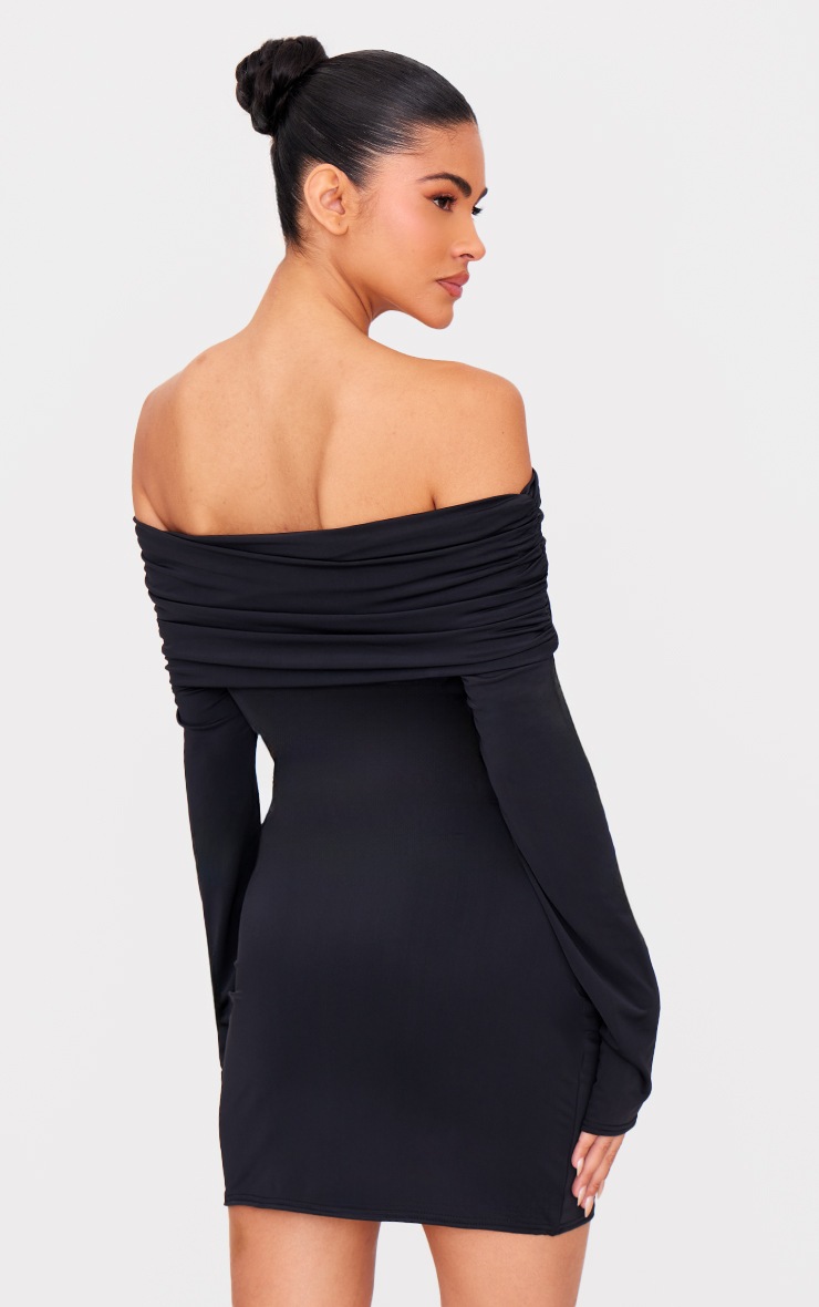Pretty Little Thing Black Matte Sculpt Double Layer Foldover Bardot Long Sleeve Mini Dress