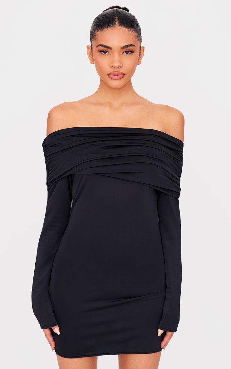 Pretty Little Thing Black Matte Sculpt Double Layer Foldover Bardot Long Sleeve Mini Dress