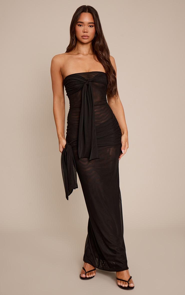 Pretty Little Thing Black Mesh Bandeau Knot Detail Maxi Dress