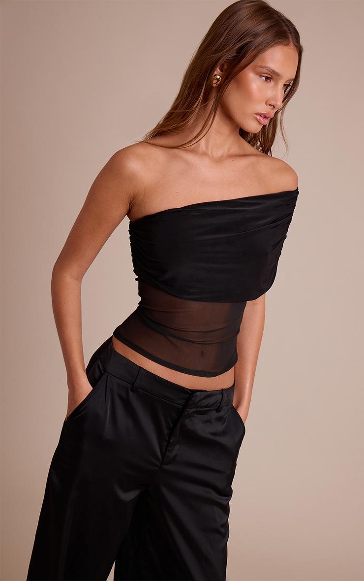 Pretty Little Thing Black Mesh Panel Detail Asymmetric Long Top