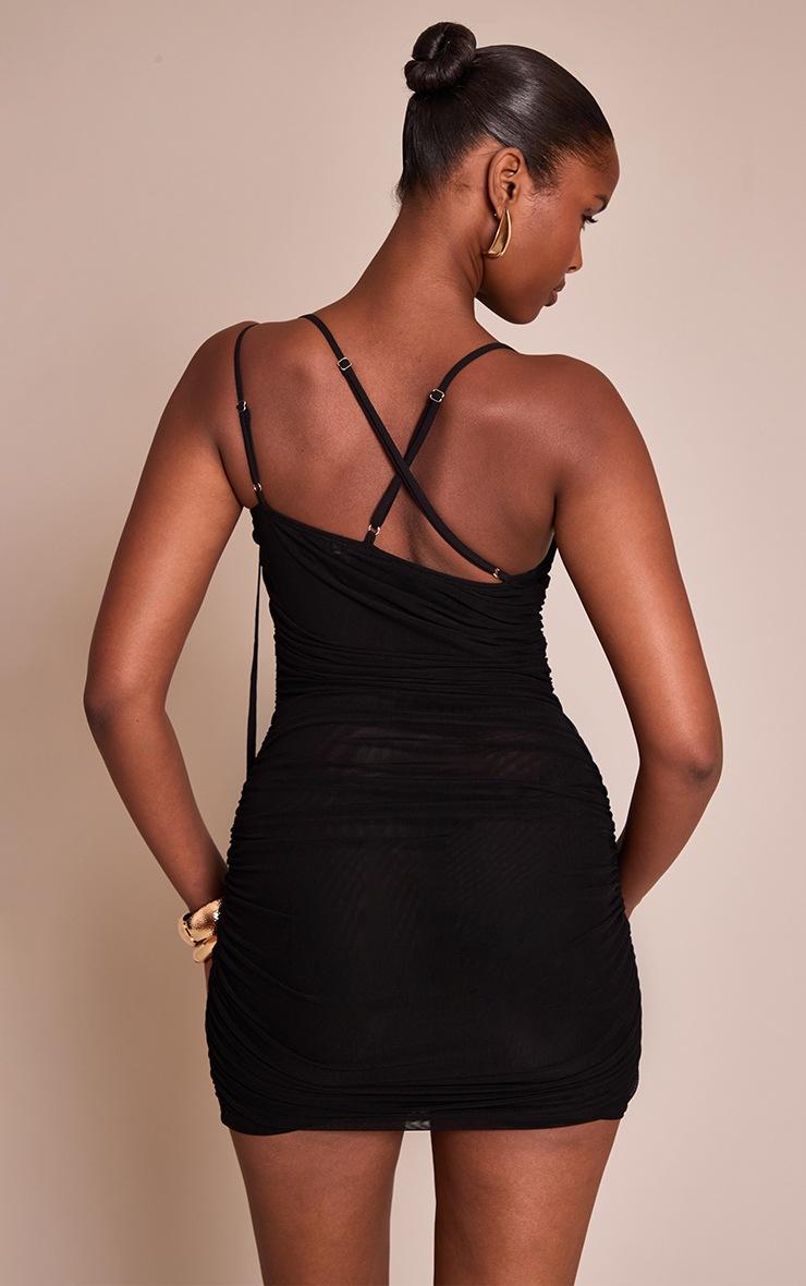 Pretty Little Thing Black Mesh Ruched Asymmetric Mini Dress