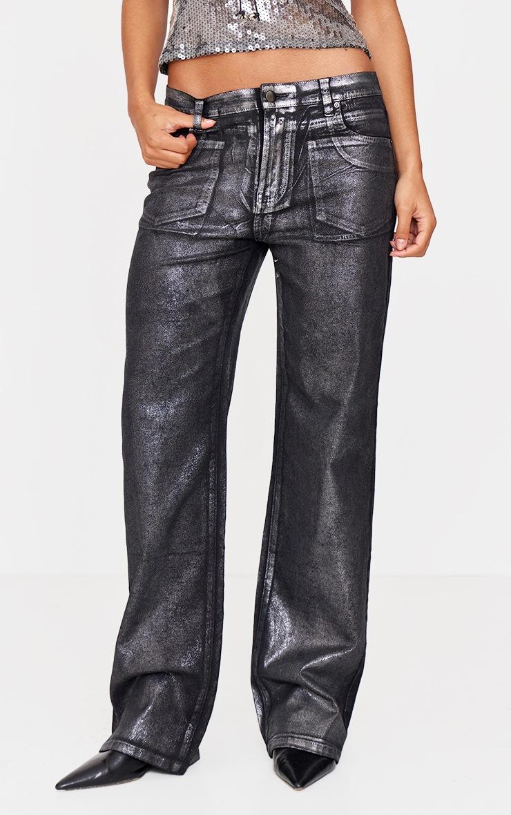 Pretty Little Thing Black Metallic Effect Low Rise Wide Leg Jeans