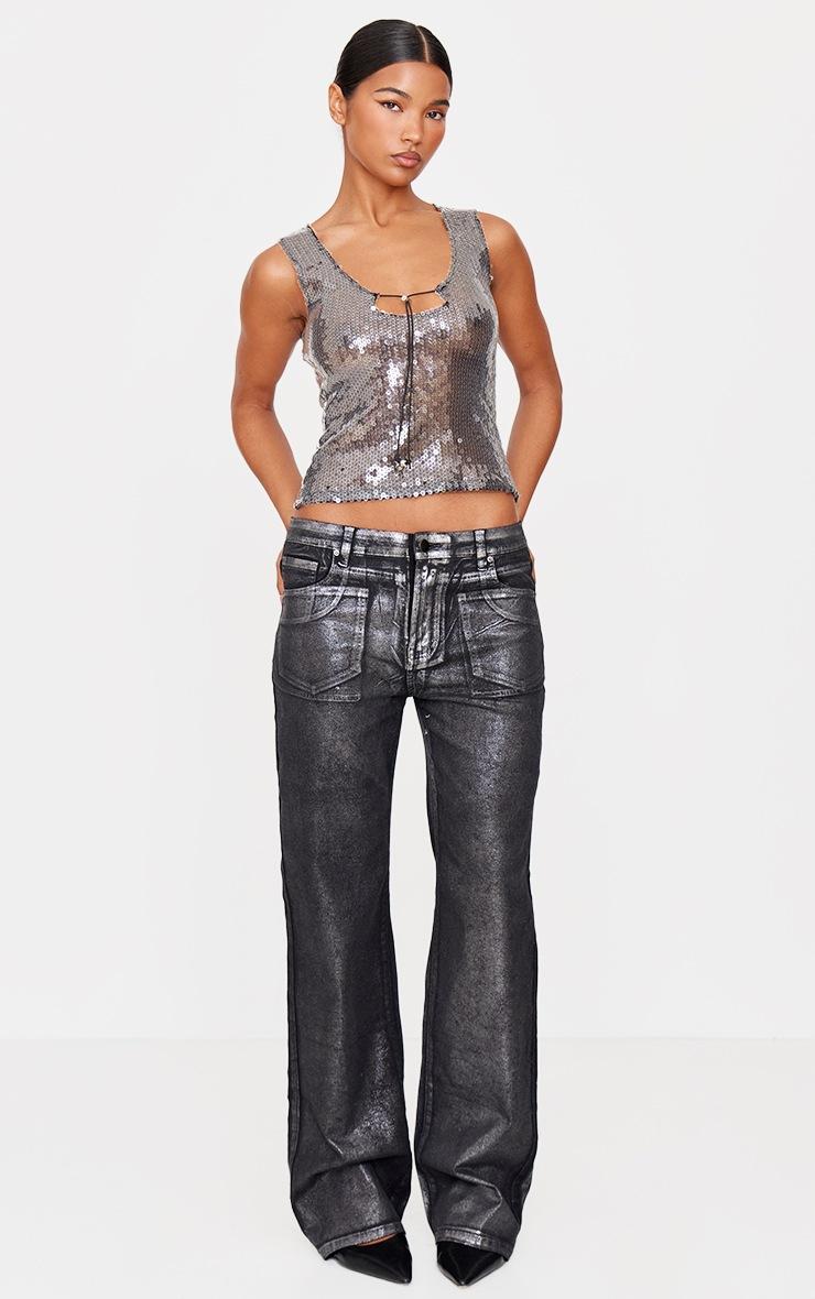 Pretty Little Thing Black Metallic Effect Low Rise Wide Leg Jeans