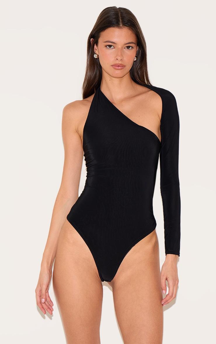 Pretty Little Thing Black One Shoulder Asymmetric Bodysuit