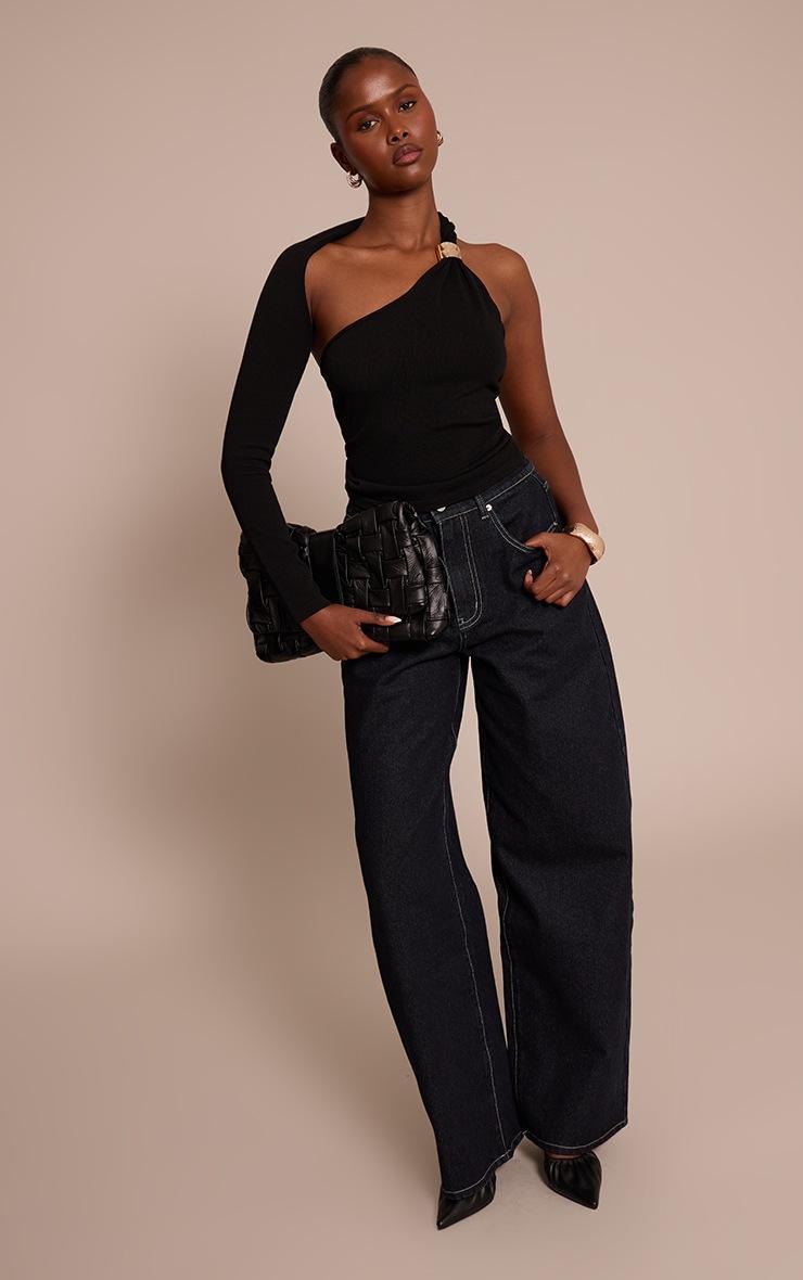 Pretty Little Thing Black One Shoulder Trim Detail Knitted Top