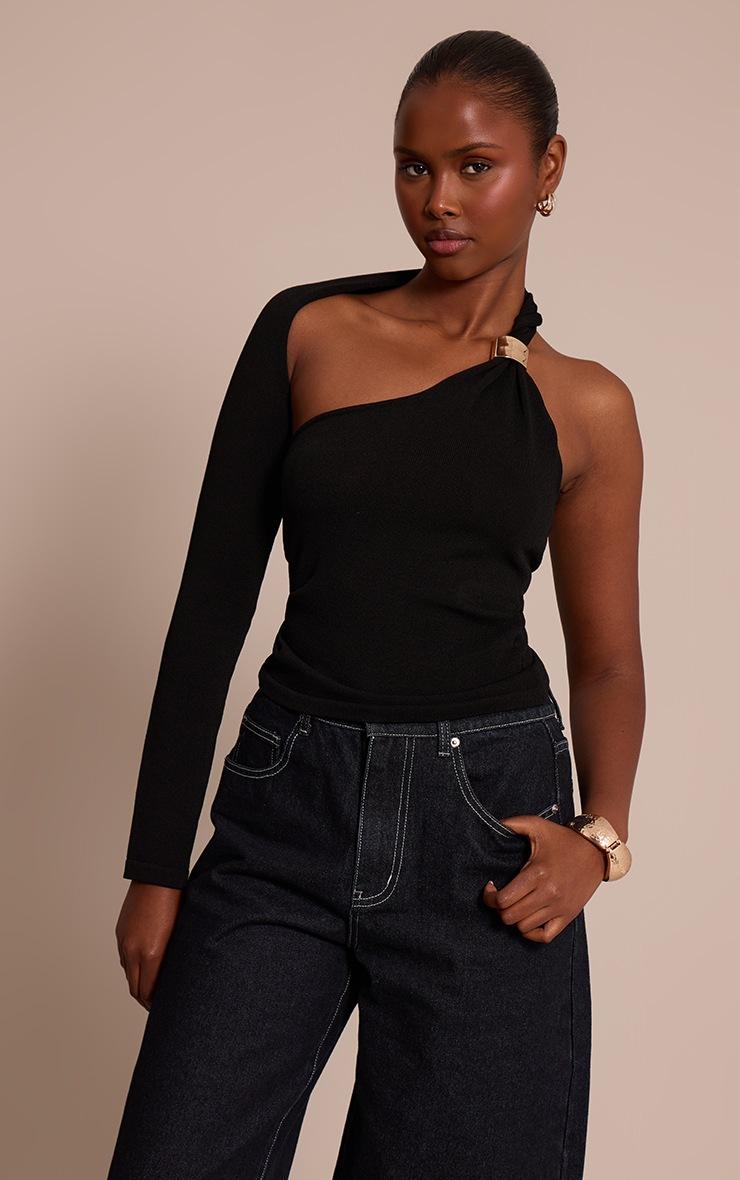 Pretty Little Thing Black One Shoulder Trim Detail Knitted Top
