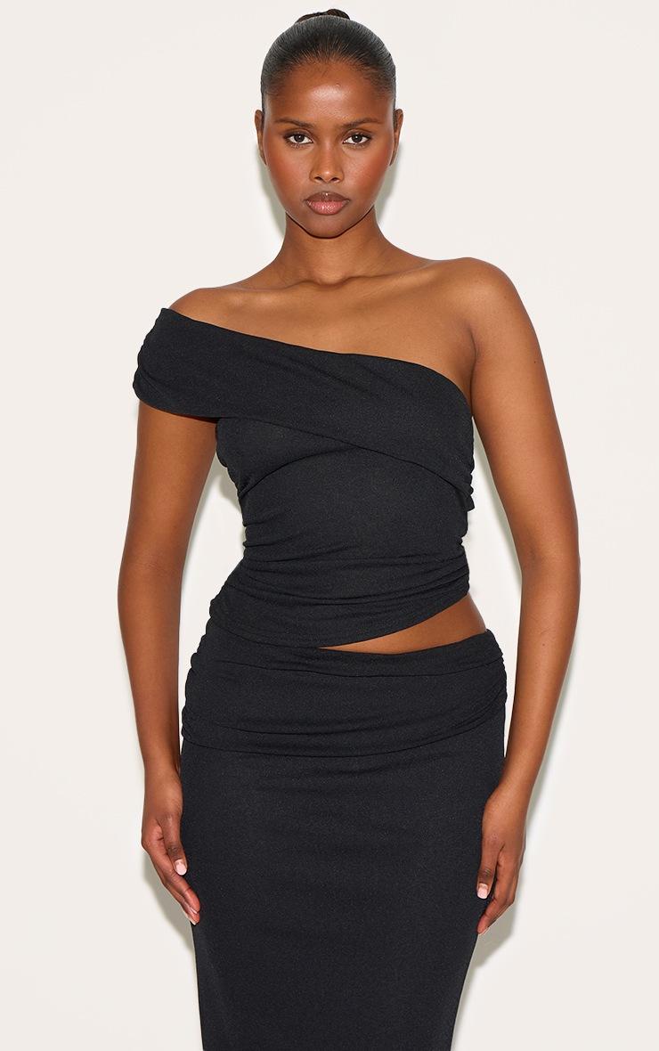 Pretty Little Thing Black Onion Skin Ruched Side Asymmetric Top