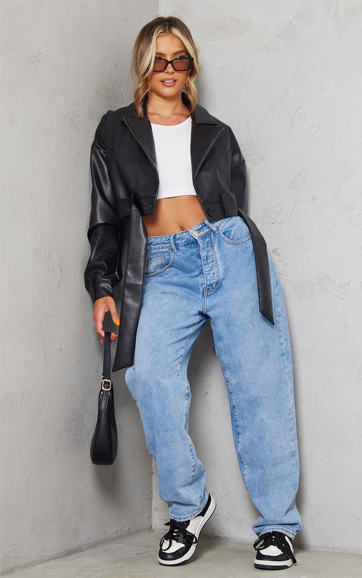 Pretty Little Thing Black Oversized Belted Hem Cropped Biker Jacket