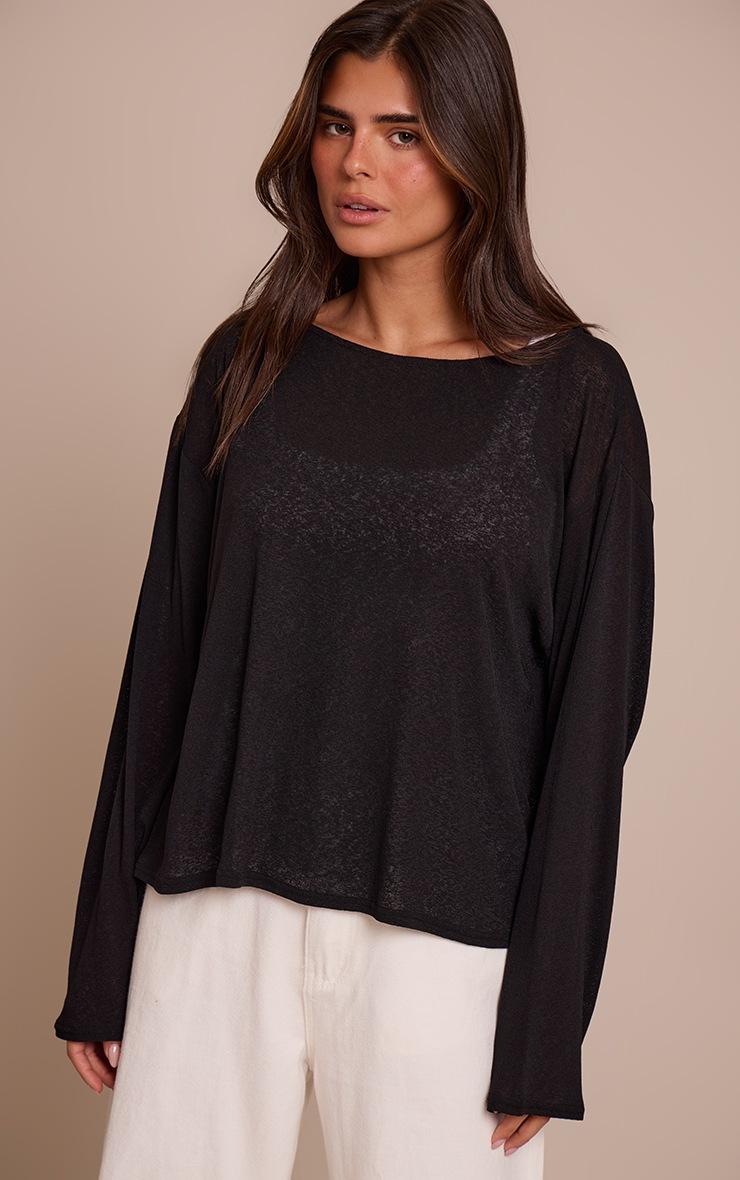 Pretty Little Thing Black Oversized Burnout Mesh Long Sleeve Top