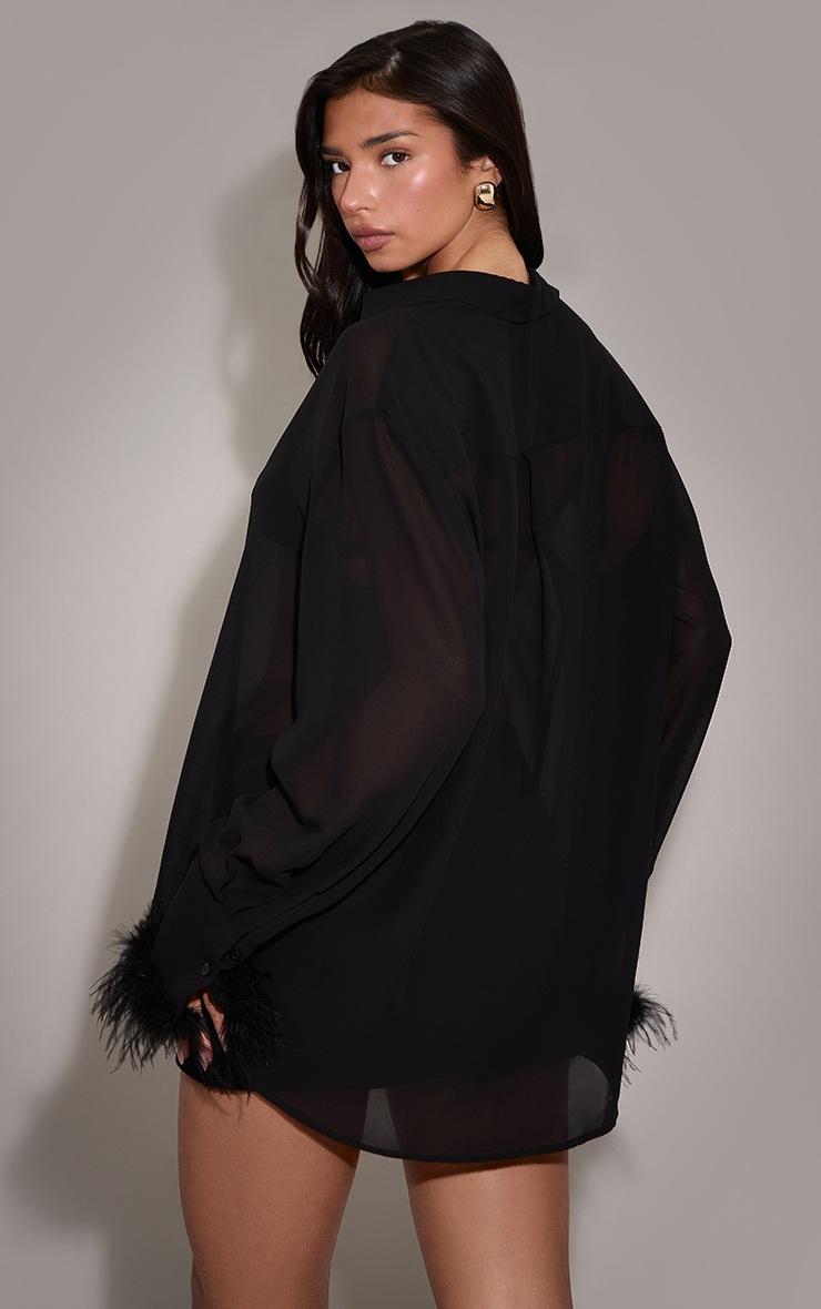 Pretty Little Thing Black Oversized Sheer Feather Cuff Shirt