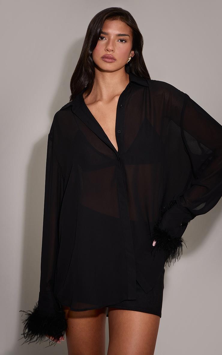 Pretty Little Thing Black Oversized Sheer Feather Cuff Shirt