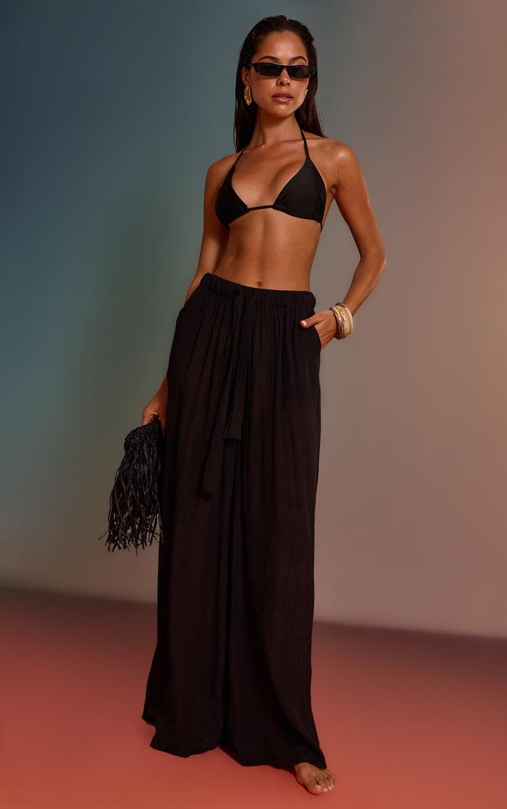 Pretty Little Thing Black Palazzo Linen Look Beach Pants