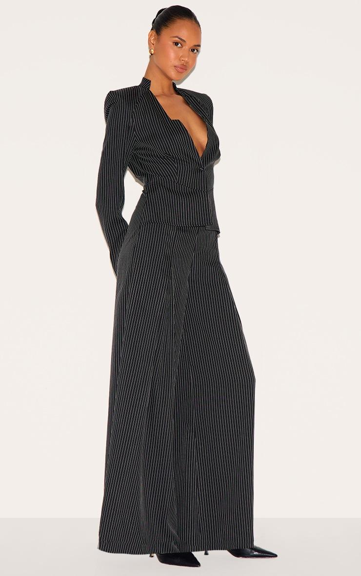 Pretty Little Thing Black Pinstripe Shirt Detail Straight Leg Jumpsuit