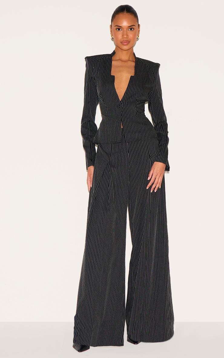 Pretty Little Thing Black Pinstripe Shirt Detail Straight Leg Jumpsuit