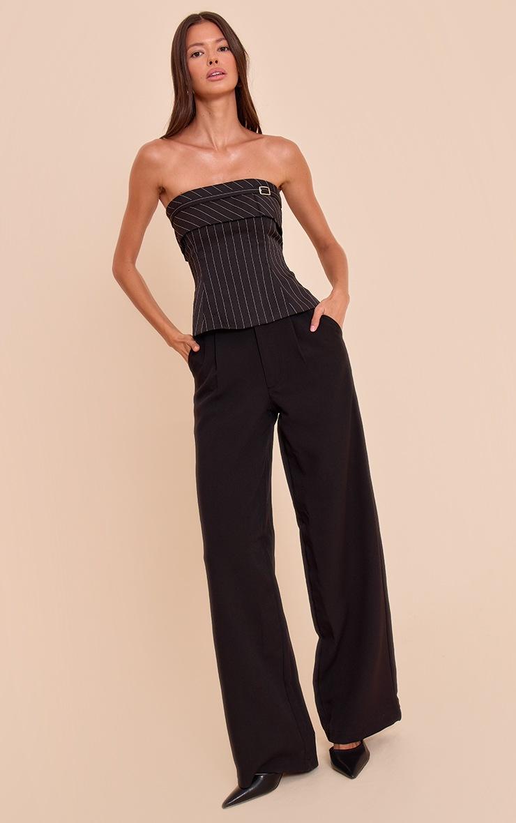 Pretty Little Thing Black Pinstripe Woven Fold Over Buckle Detail Bandeau Top