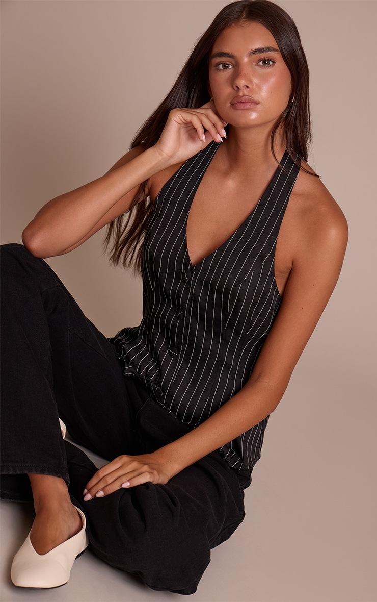 Pretty Little Thing Black Pinstripe Woven Halterneck Button Down Vest
