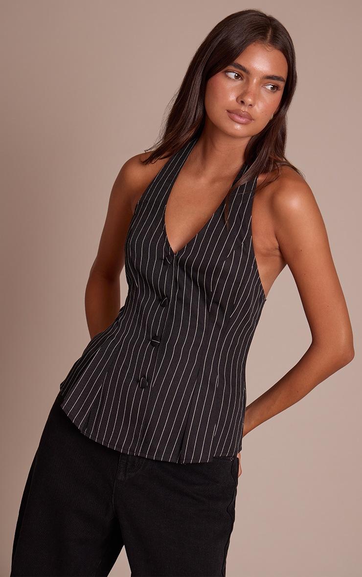 Pretty Little Thing Black Pinstripe Woven Halterneck Button Down Vest