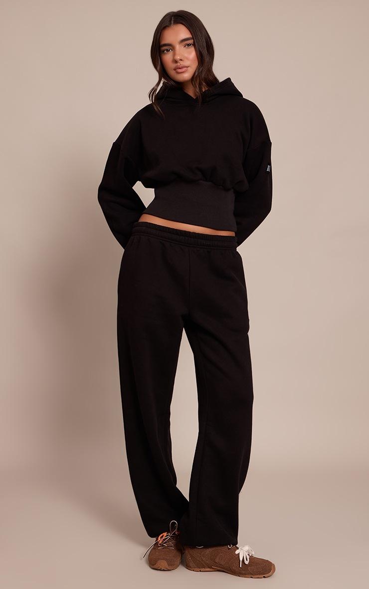 Pretty Little Thing Black PLT Tab Cinched Waist Crop Hoodie