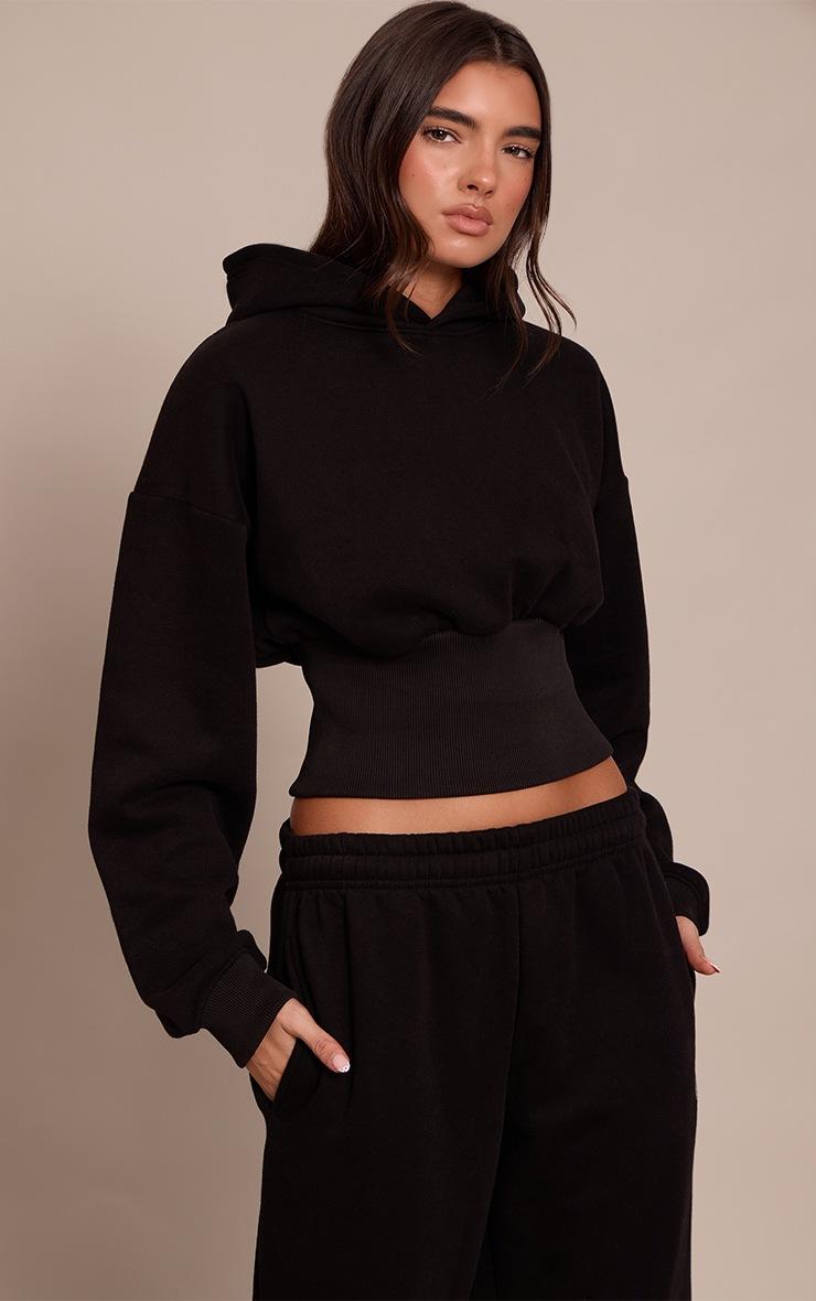 Pretty Little Thing Black PLT Tab Cinched Waist Crop Hoodie