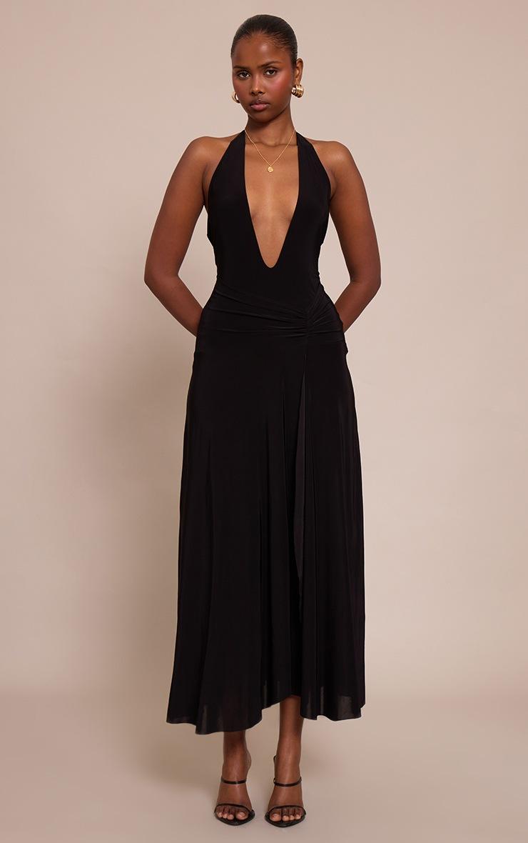 Pretty Little Thing Black Plunge Ruched Midaxi Dress