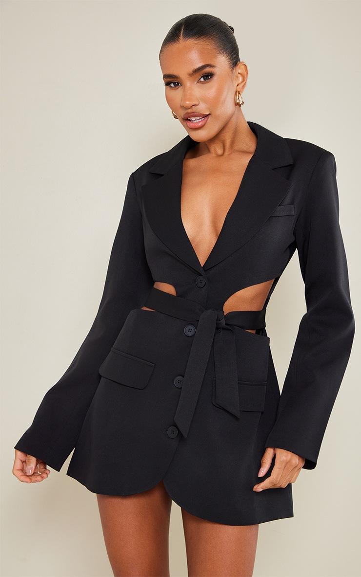 Pretty Little Thing Black Plunge Side Cut Out Tie Detail Blazer Dress