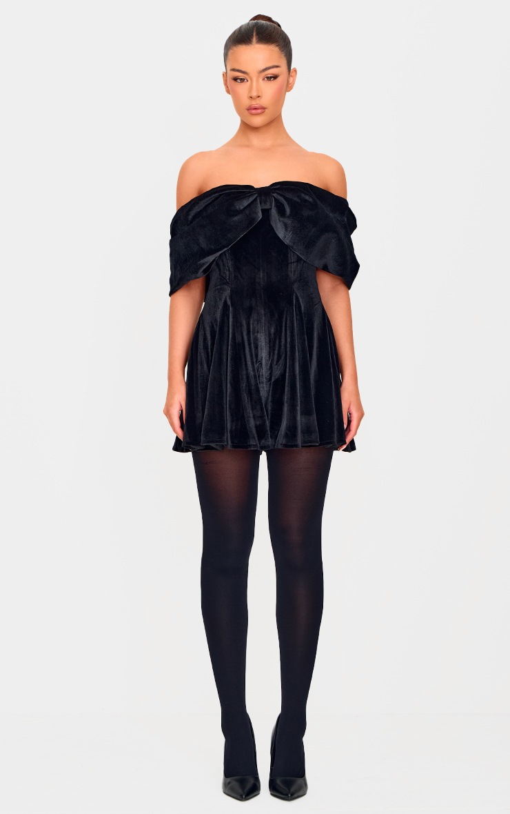Pretty Little Thing Black Premium Velvet Extreme Bow Detail Romper