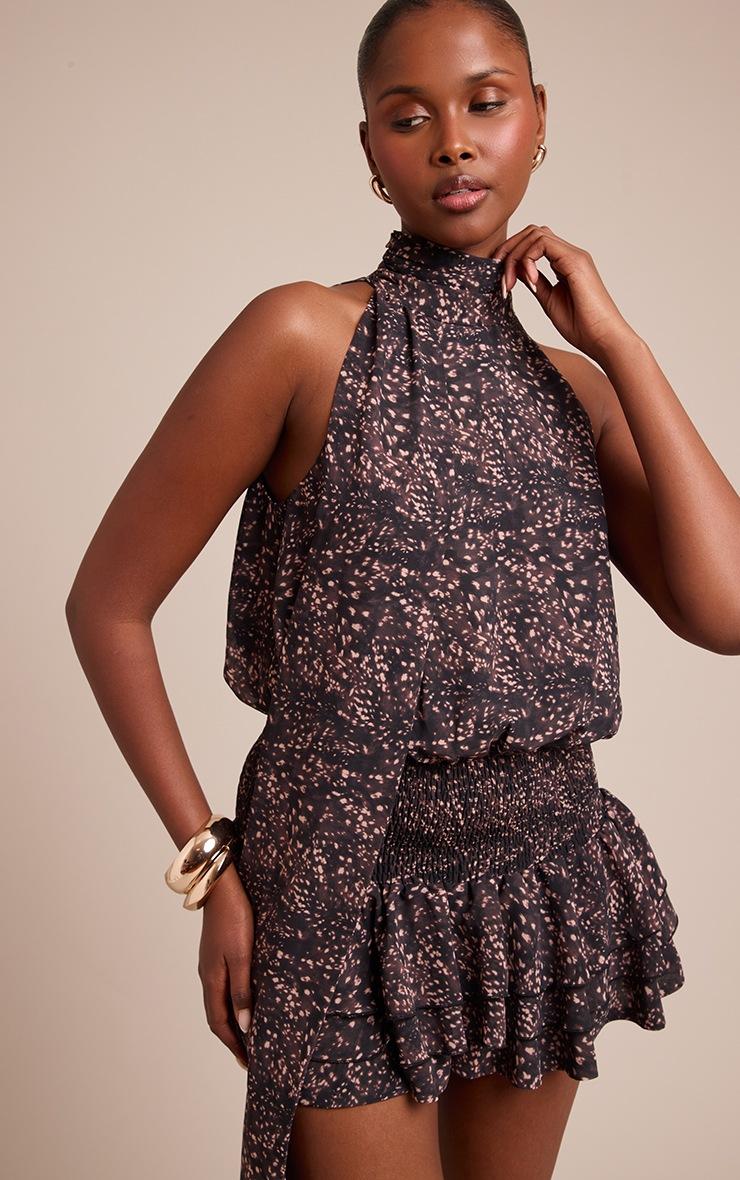 Pretty Little Thing Black Print Chiffon Scarf Detail Skort Romper