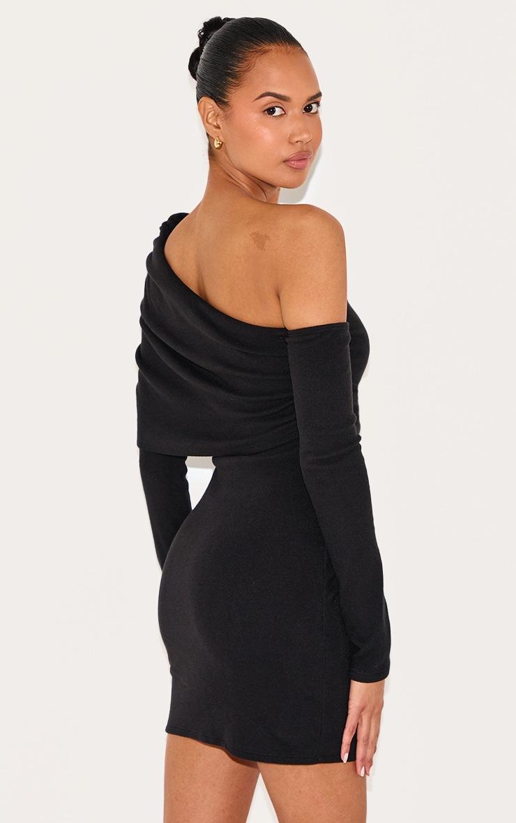 Pretty Little Thing Black Rib Asymmetric Bardot Long Sleeve Bodycon Dress