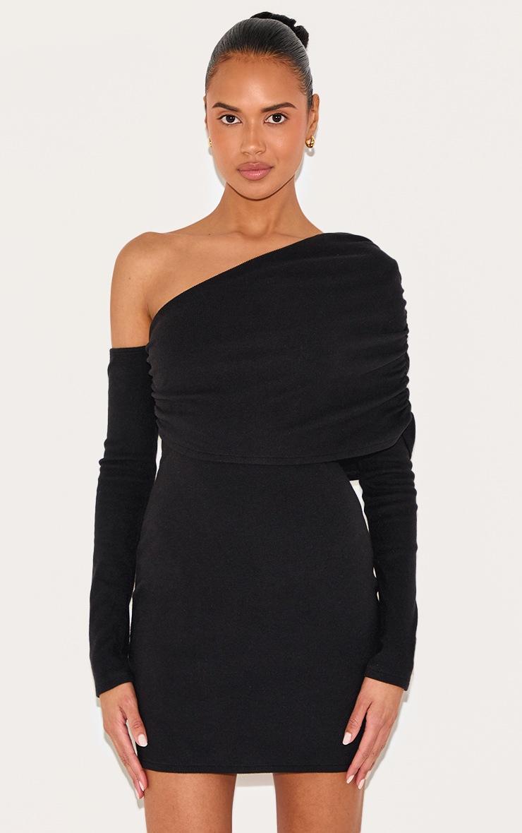 Pretty Little Thing Black Rib Asymmetric Bardot Long Sleeve Bodycon Dress