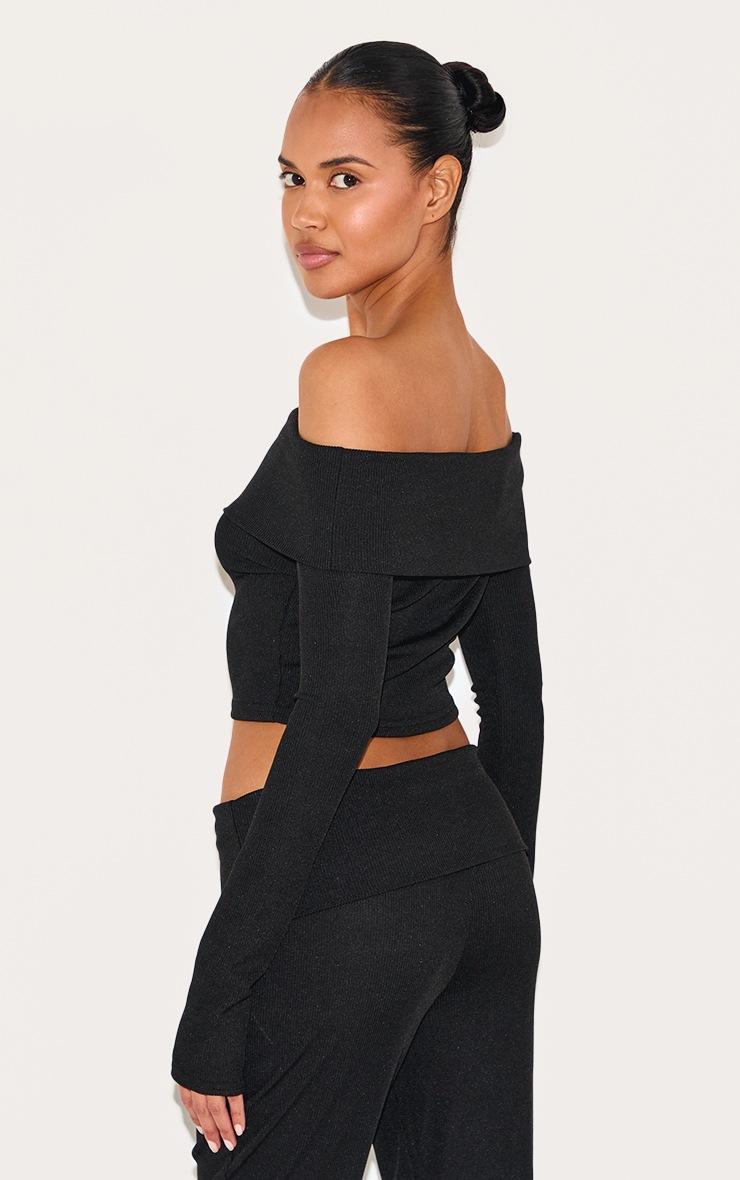 Pretty Little Thing Black Rib Bardot Longline Foldover Top