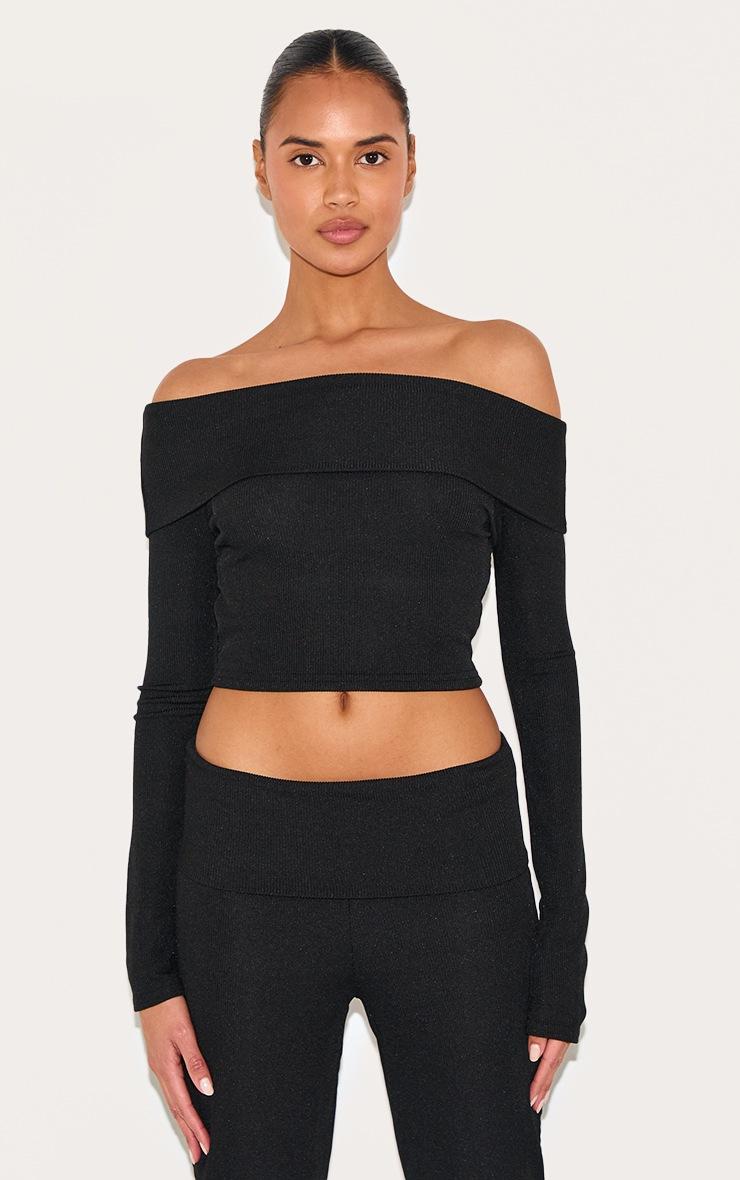 Pretty Little Thing Black Rib Bardot Longline Foldover Top