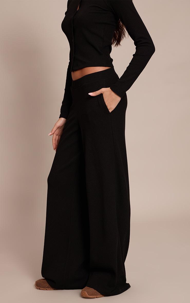 Pretty Little Thing Black Rib Drawstring Low Rise Straight Leg Pant