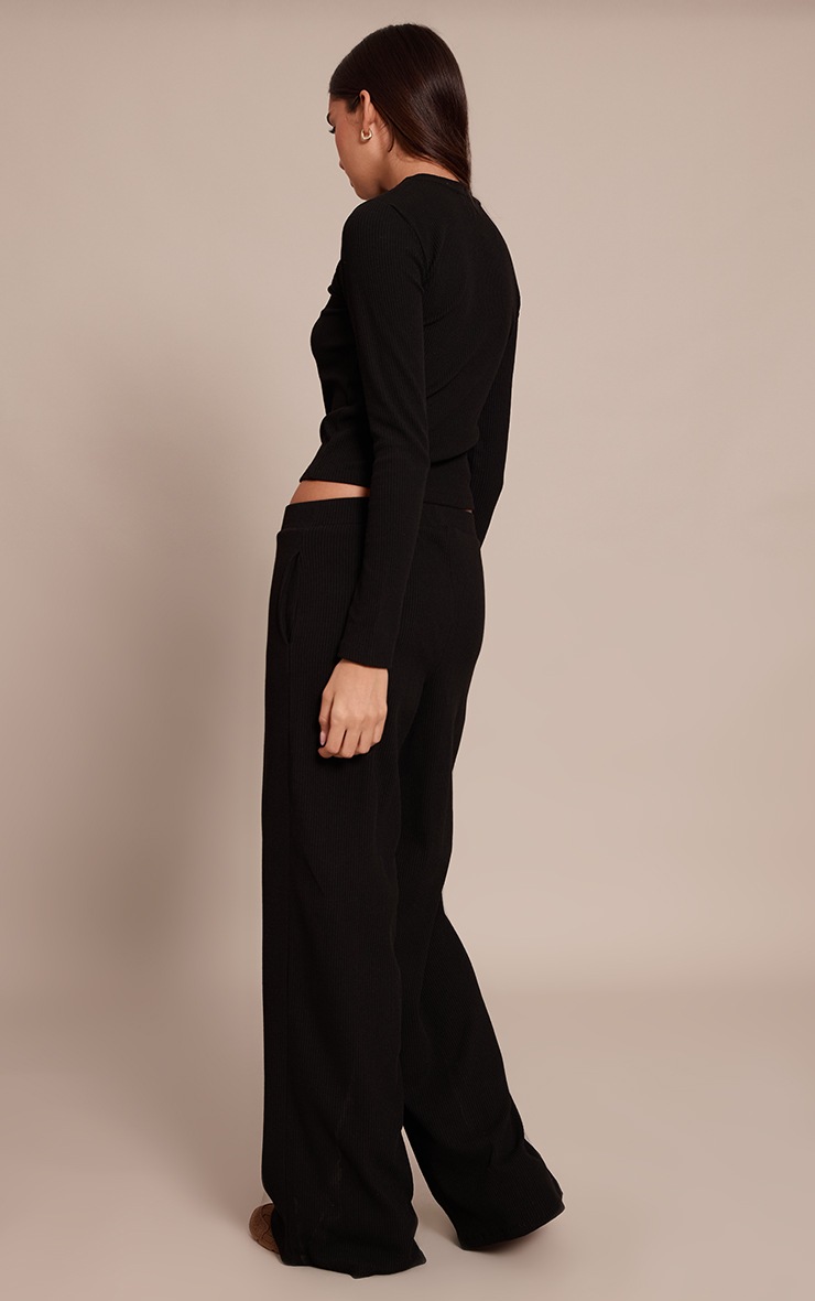 Pretty Little Thing Black Rib Drawstring Low Rise Straight Leg Pant