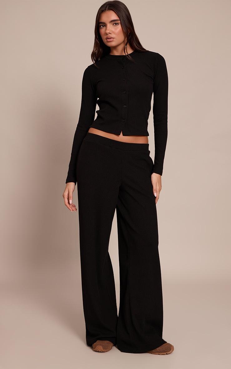 Pretty Little Thing Black Rib Drawstring Low Rise Straight Leg Pant