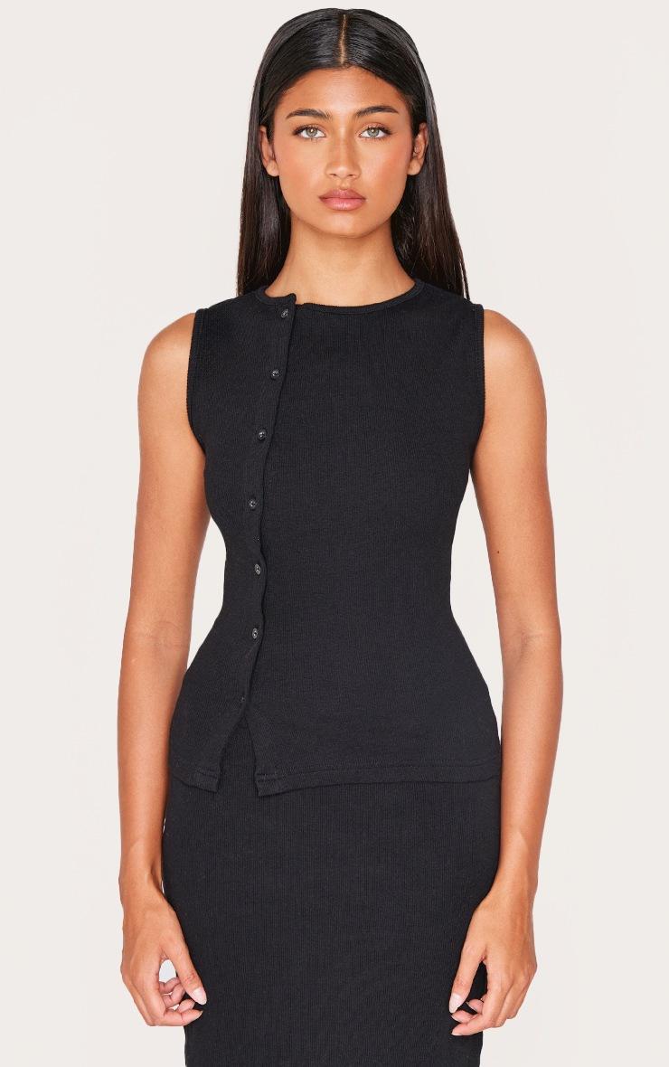 Pretty Little Thing Black Ribbed Asymmetric Button Up Vest Top
