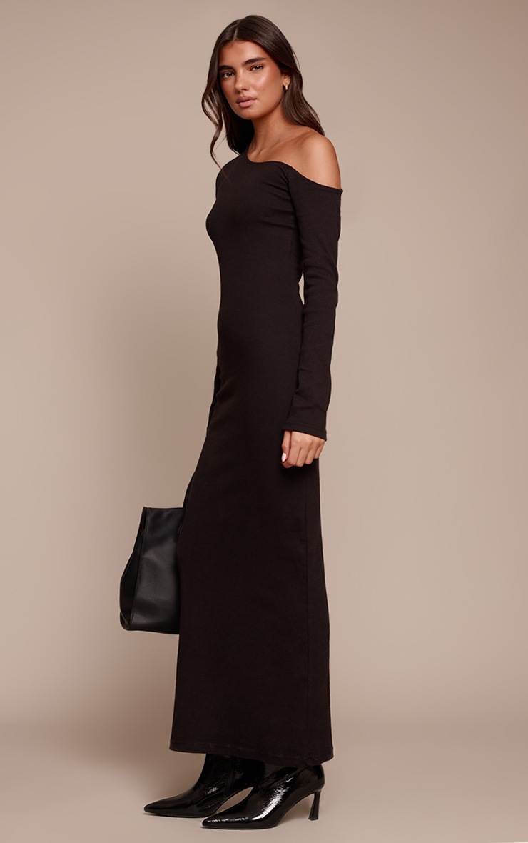 Pretty Little Thing Black Ribbed Asymmetric Long Sleeve Maxi Dress