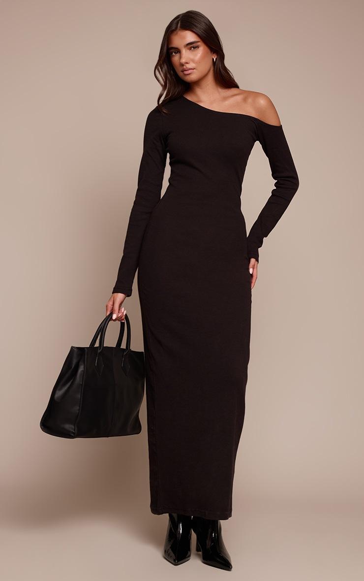 Pretty Little Thing Black Ribbed Asymmetric Long Sleeve Maxi Dress