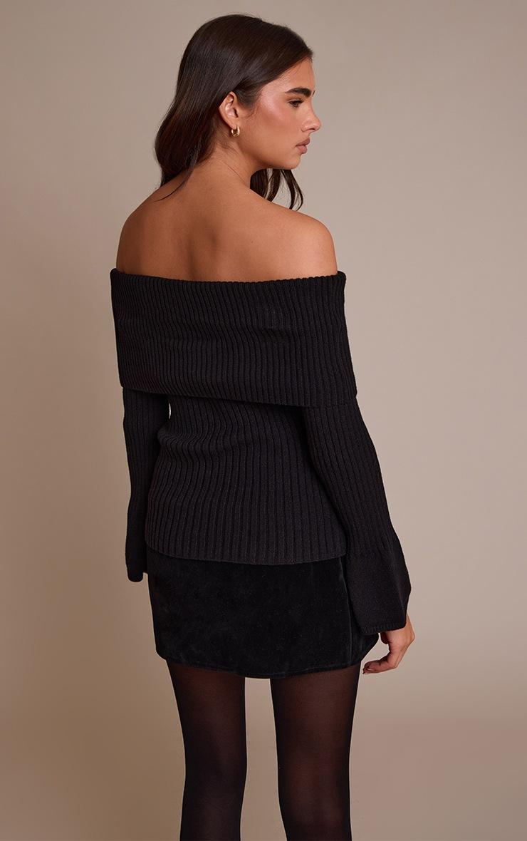 Pretty Little Thing Black Ribbed Bardot Flute Sleeve Knitted Top