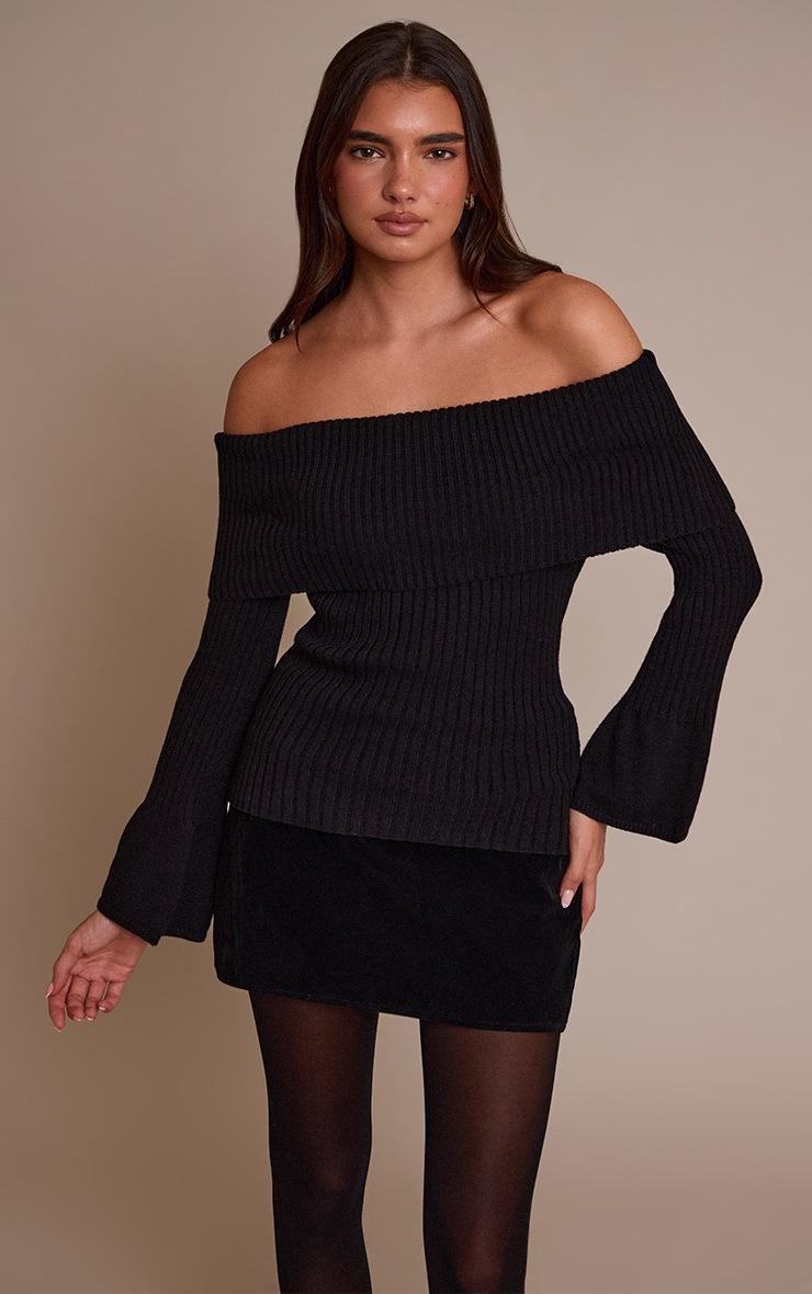 Pretty Little Thing Black Ribbed Bardot Flute Sleeve Knitted Top