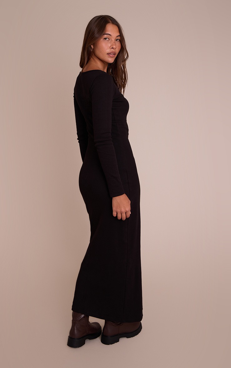 Pretty Little Thing Black Ribbed Boat Neck Long Sleeve Bodycon Maxi Dress