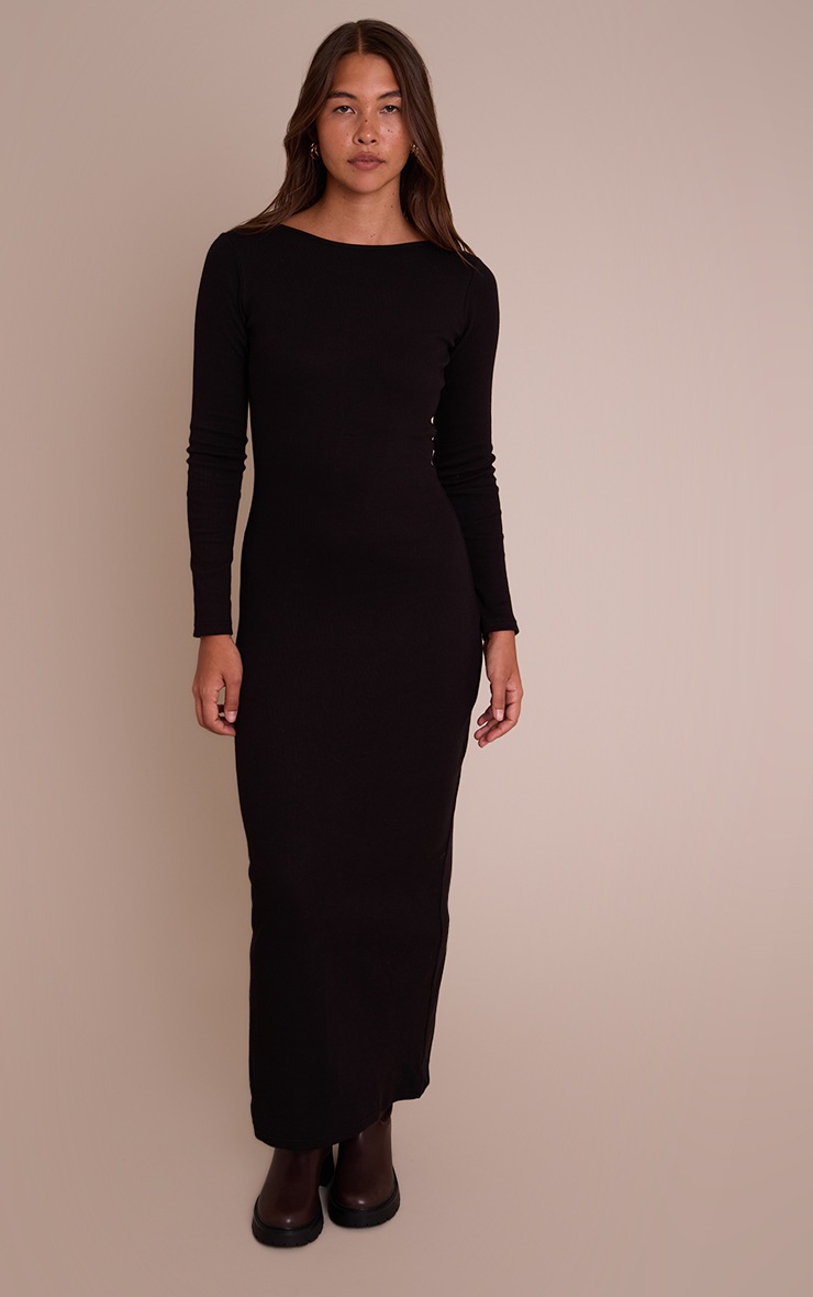 Pretty Little Thing Black Ribbed Boat Neck Long Sleeve Bodycon Maxi Dress