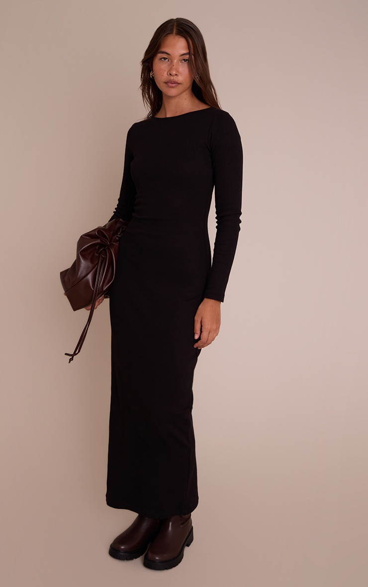 Pretty Little Thing Black Ribbed Boat Neck Long Sleeve Bodycon Maxi Dress